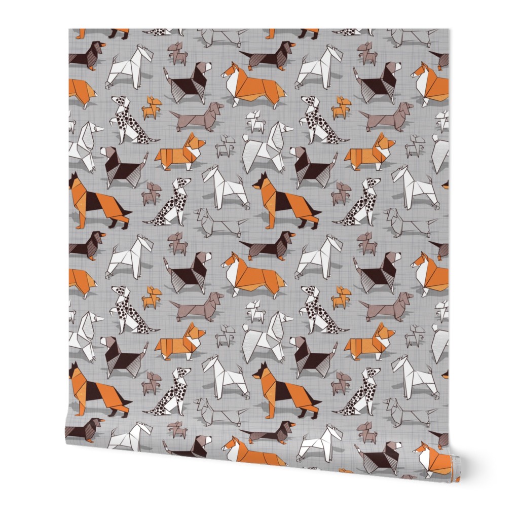 Small scale // Origami doggie friends // grey linen texture background paper dogs