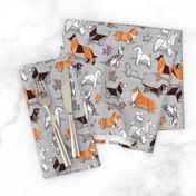 Small scale // Origami doggie friends // grey linen texture background paper dogs