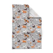 Small scale // Origami doggie friends // grey linen texture background paper dogs