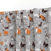 Small scale // Origami doggie friends // grey linen texture background paper dogs