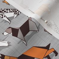 Small scale // Origami doggie friends // grey linen texture background paper dogs