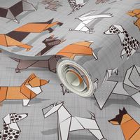 Small scale // Origami doggie friends // grey linen texture background paper dogs