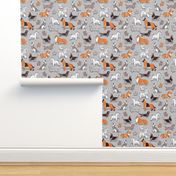 Small scale // Origami doggie friends // grey linen texture background paper dogs