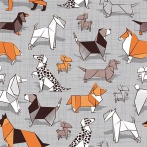 Small scale // Origami doggie friends // grey linen texture background paper dogs