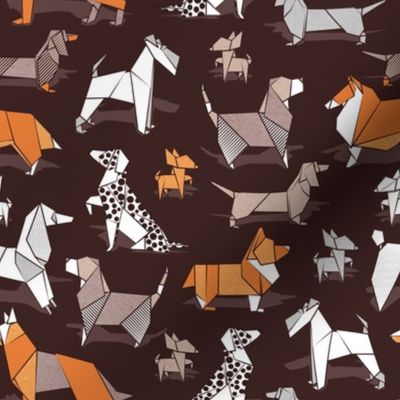 Small scale // Origami doggie friends // dark brown background paper Chihuahuas Dachshunds Corgis Beagles German Shepherds Collies Poodles Terriers Dalmatians 