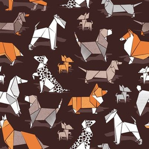 Small scale // Origami doggie friends // dark brown background paper Chihuahuas Dachshunds Corgis Beagles German Shepherds Collies Poodles Terriers Dalmatians 