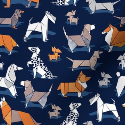 Small scale // Origami doggie friends // oxford navy blue background paper Chihuahuas Dachshunds Corgis Beagles German Shepherds Collies Poodles Terriers Dalmatians 