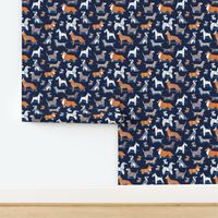 Small scale // Origami doggie friends // oxford navy blue background paper Chihuahuas Dachshunds Corgis Beagles German Shepherds Collies Poodles Terriers Dalmatians 