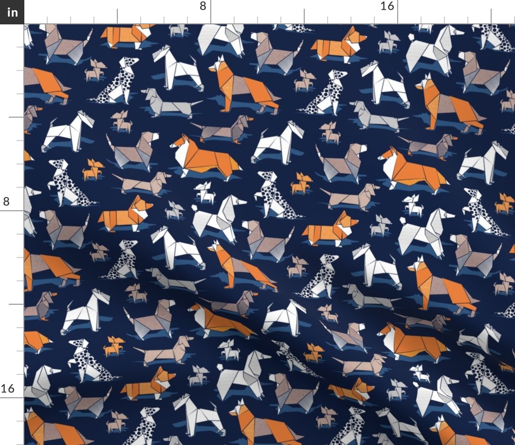 Small scale // Origami doggie friends // oxford navy blue background paper Chihuahuas Dachshunds Corgis Beagles German Shepherds Collies Poodles Terriers Dalmatians 