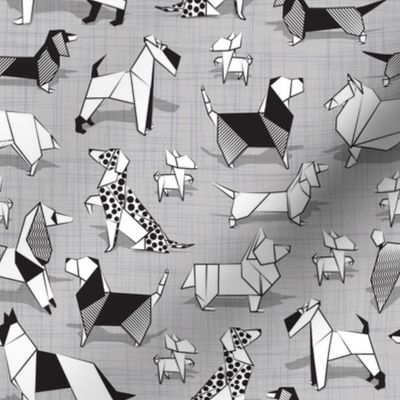 Small scale // Origami doggie friends // grey linen texture background coloring paper Chihuahuas Dachshunds Corgis Beagles German Shepherds Collies Poodles Terriers Dalmatians 