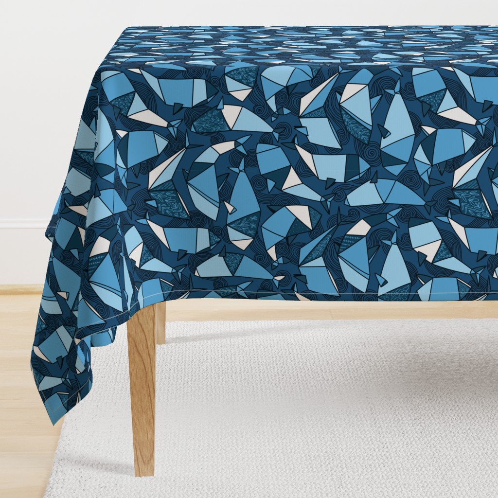 Blue origami whales fabric. Big blower in Japanese paper technique