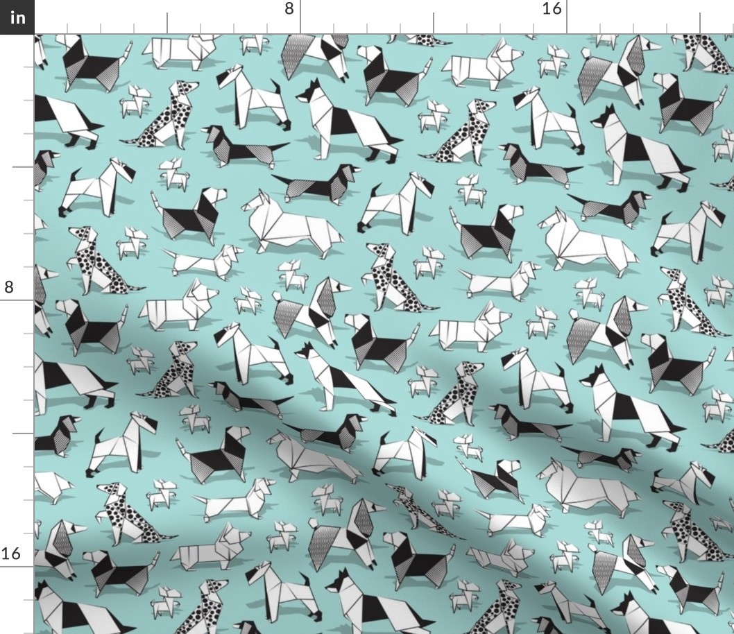 Small scale // Origami doggie friends // aqua background paper Chihuahuas Dachshunds Corgis Beagles German Shepherds Collies Poodles Terriers Dalmatians 