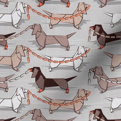 Small scale // Origami Dachshunds sausage dogs // grey linen texture background