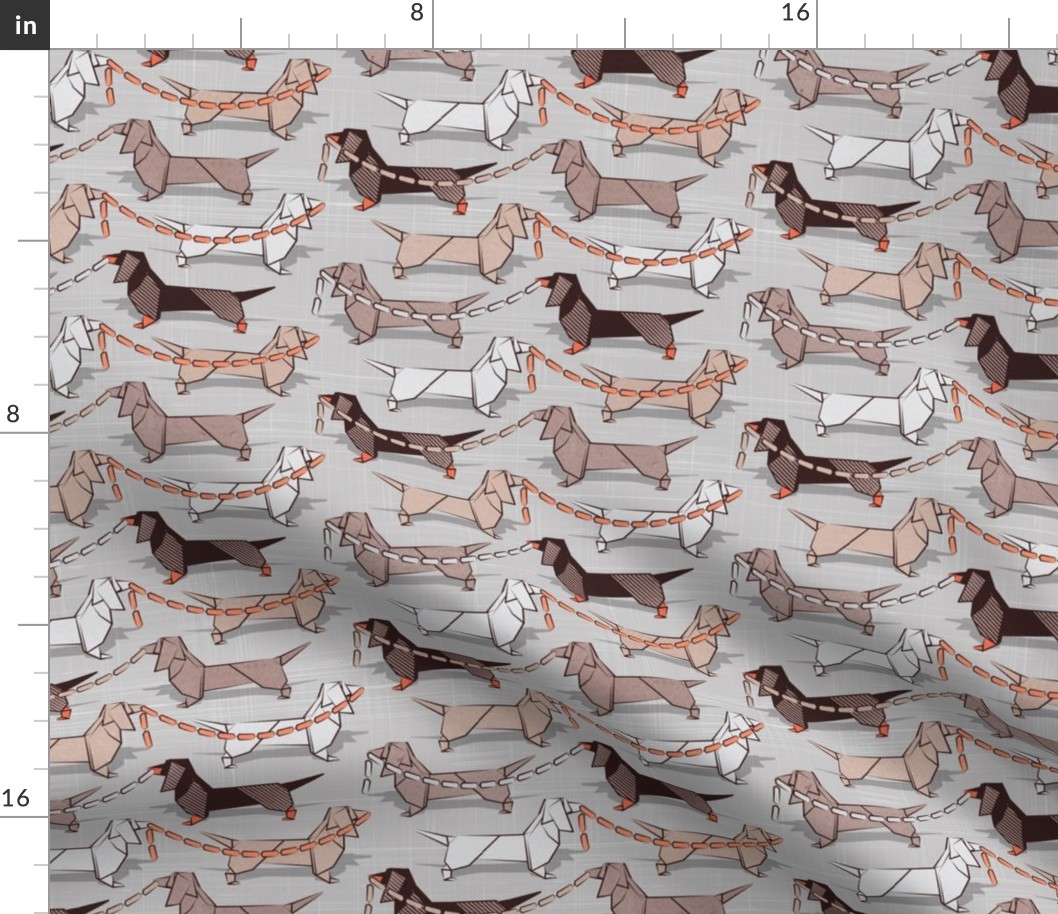 Small scale // Origami Dachshunds sausage dogs // grey linen texture background