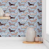 Small scale // Origami Dachshunds sausage dogs // pale blue background