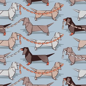 Small scale // Origami Dachshunds sausage dogs // pale blue background