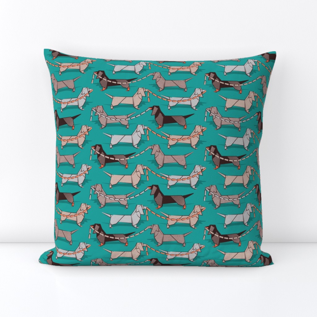 Small scale // Origami Dachshunds sausage dogs // turquoise green background