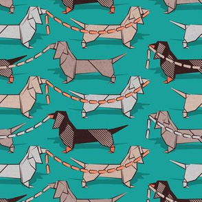 Small scale // Origami Dachshunds sausage dogs // turquoise green background