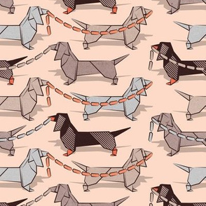 Small scale // Origami Dachshunds sausage dogs // flesh background