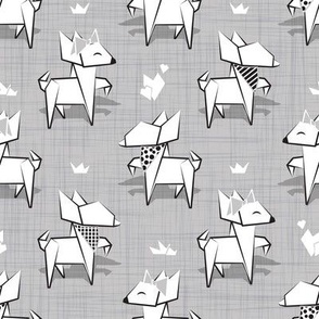 Small scale // Origami Chihuahuas // grey linen texture background white paper dogs