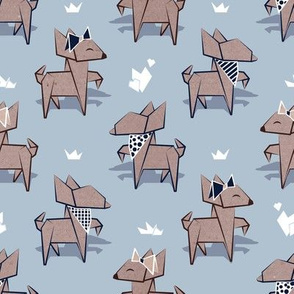 Small scale // Origami Chihuahuas // pastel blue background cardboard dogs