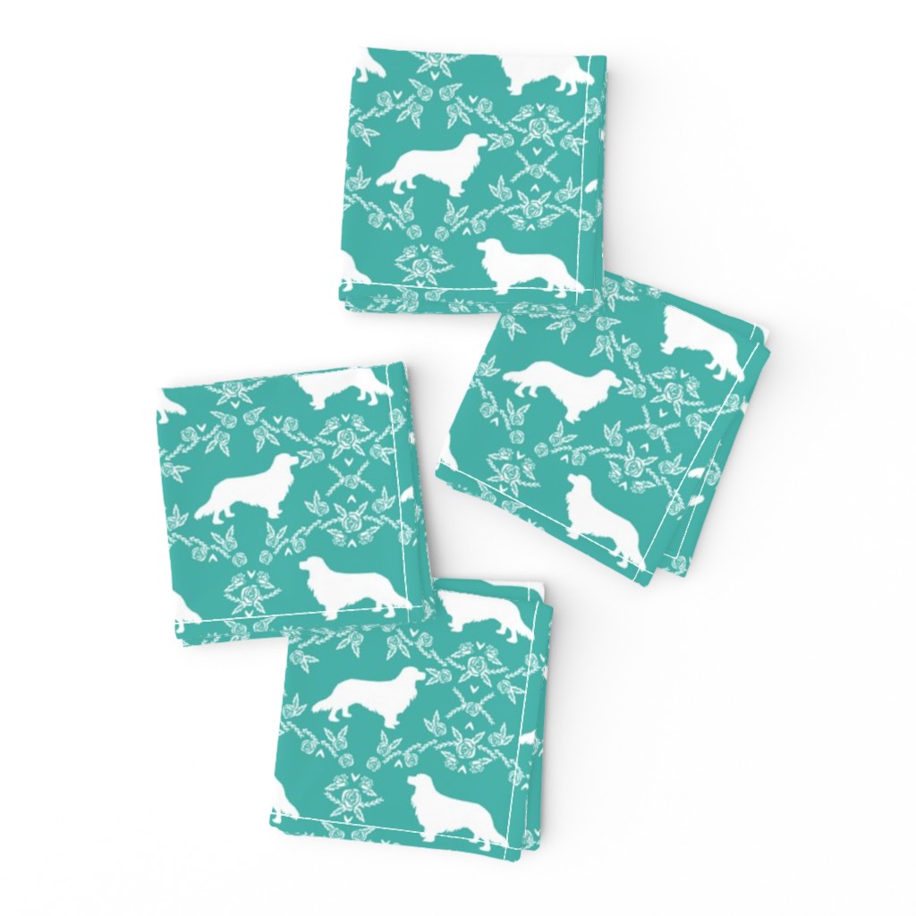 cavalier king charles spaniel - silhouette floral dog fabric turquoise