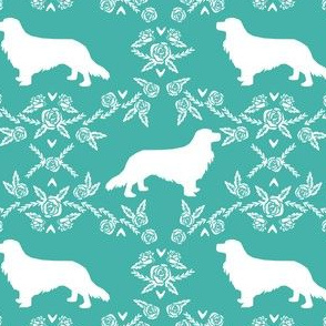cavalier king charles spaniel - silhouette floral dog fabric turquoise