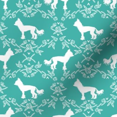 chinese crested dog breed silhouette floral fabric turquoise