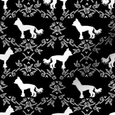 chinese crested dog breed silhouette floral fabric black and white