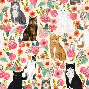 cat florals mixed breeds cats fabric cream