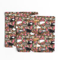 cat florals mixed breeds cats fabric dark