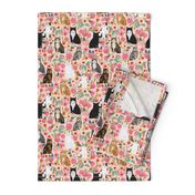 cat florals mixed breeds cats fabric pink