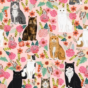 cat florals mixed breeds cats fabric pink