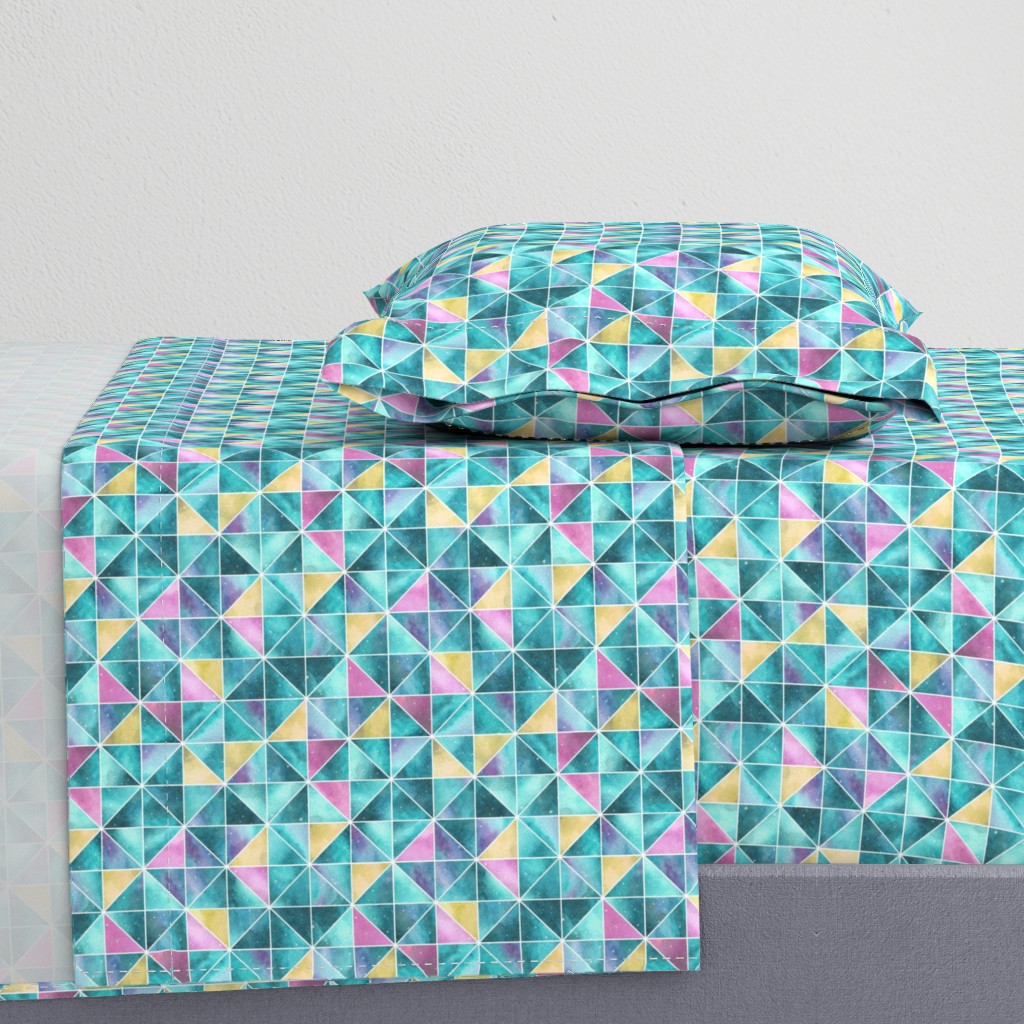 Watercolour Squares and Triangles - teal, pink and yellow