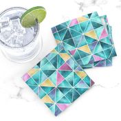 Watercolour Squares and Triangles - teal, pink and yellow