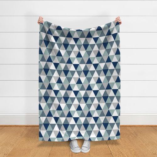 triangle patchwork - crib sheet, crib blanket, baby, triangle quilt, buffalo plaid baby boy navy and blue