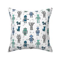 robots // robot fabric kids boy room girls decor gender neutral machines white blues