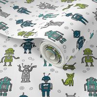 robots // robot fabric kids boy room girls decor gender neutral machines white blue