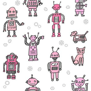 robots // robot fabric kids boy room girls decor gender neutral machines white pink