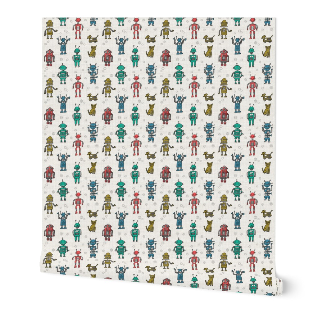 robots // robot fabric kids boy room girls decor gender neutral machines white medium