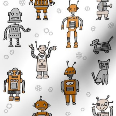 robots // robot fabric kids boy room girls decor gender neutral machines white grey