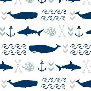 ocean animals - nautical shark, whale, anchor, wave, navy, grey, blue boys baby nursery design