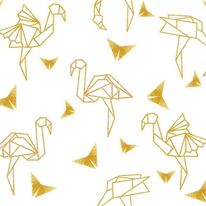 Gold Origami Flamingos & butterflies (white)