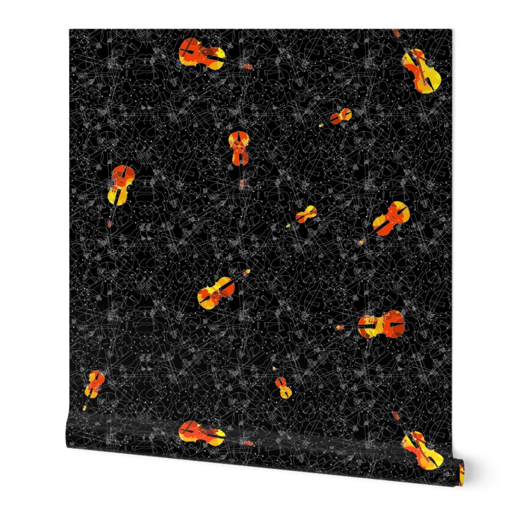 scattered red/orange /yellow violins on black 