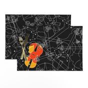 scattered red/orange /yellow violins on black 