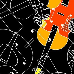 scattered red/orange /yellow violins on black 