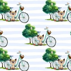 4" Kitty Cat with Bike - Thick Blue Stripes