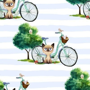 8" Kitty Cat with Bike - Thick Blue Stripes