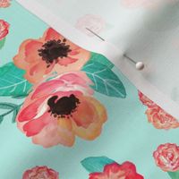 Summer Floral - Coral & Peach Flowers (on aqua) Garden Blooms Baby Girl Nursery GingerLous B