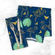 Gold Origami Flamingos & Palms & butterflies (navy)